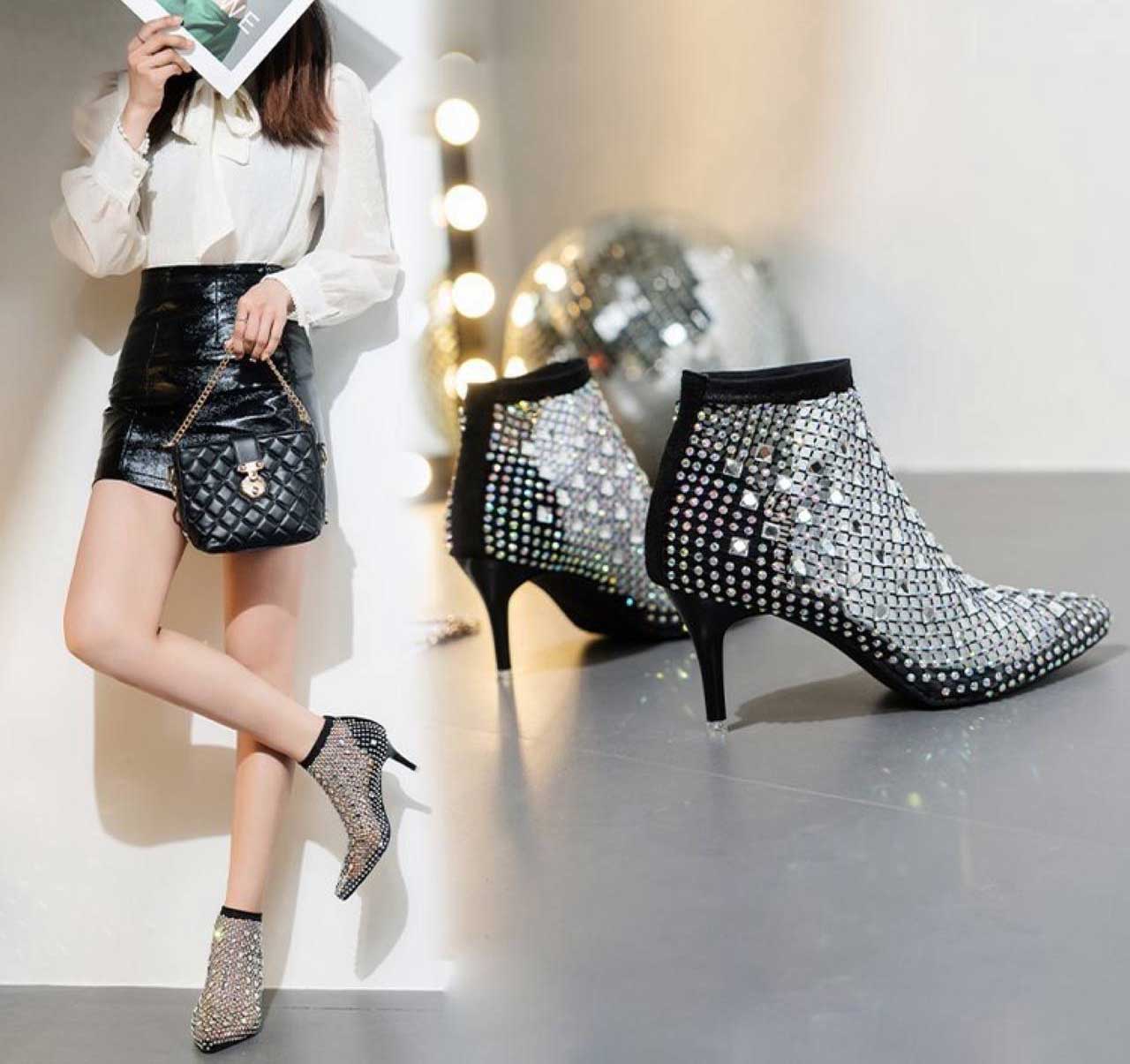 Hollow and Diamond-Encrusted Ankle Boots