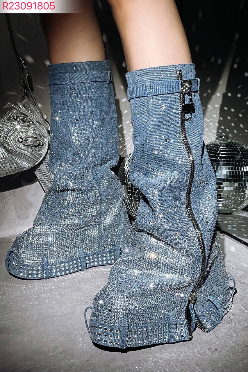 Platform Cowboy Boots Full of Star Rhinestones with Belt Buckle Wedge Boots