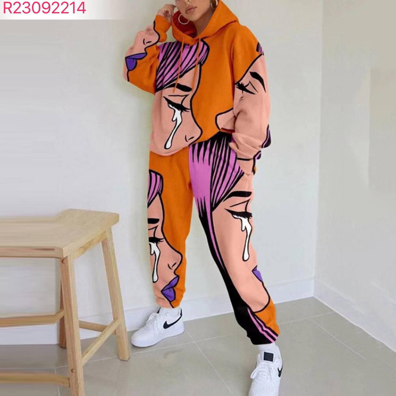 Casual Crew-Neck Loose Printed Hoodie Set