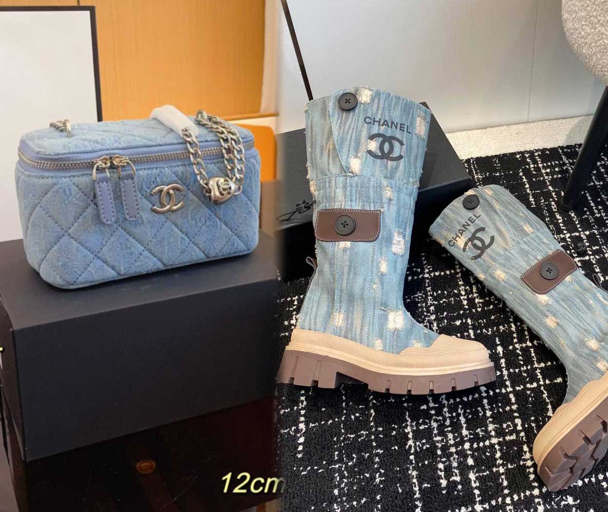 Cha_nel Denim Boots with Bag Matching Set